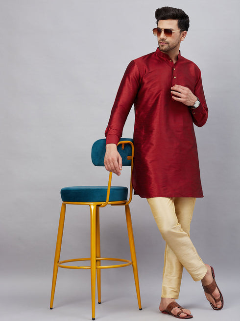 Vastramay Men's Maroon Silk Blend Curved Kurta Pant Set