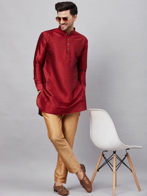 Vastramay Men's Maroon Silk Blend Curved Kurta Pant Set