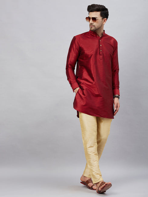 Vastramay Men's Maroon Silk Blend Curved Kurta Pant Set