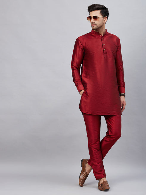 Vastramay Men's Maroon Silk Blend Curved Kurta Pant Set