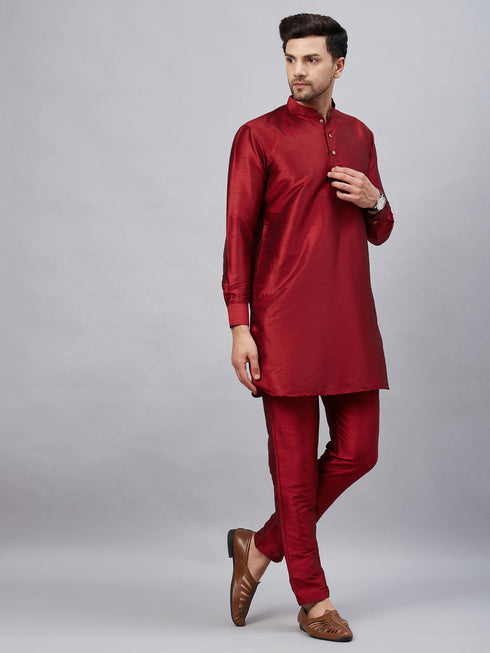 Vastramay Men's Maroon Silk Blend Curved Kurta Pant Set