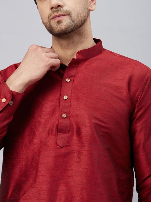Vastramay Men's Maroon Silk Blend Curved Kurta Pant Set