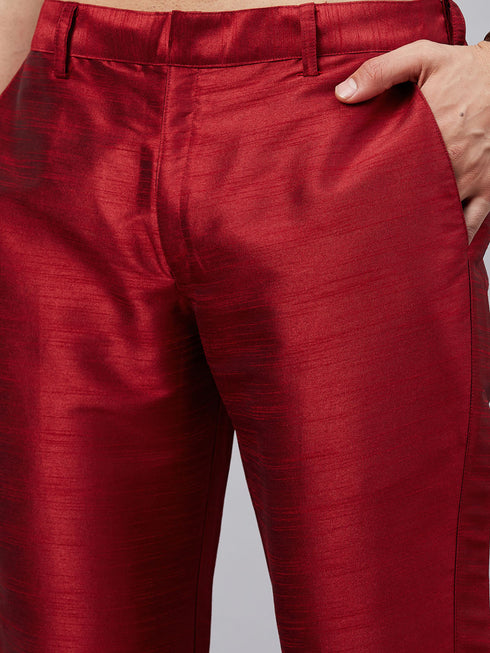 Vastramay Men's Maroon Silk Blend Curved Kurta Pant Set