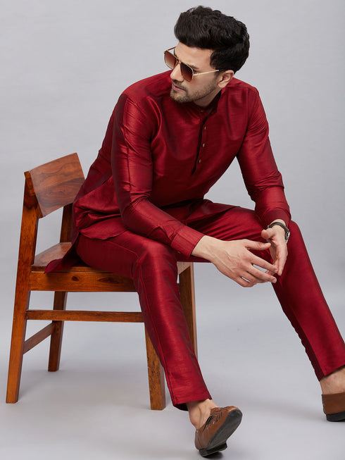 Vastramay Men's Maroon Silk Blend Curved Kurta Pant Set