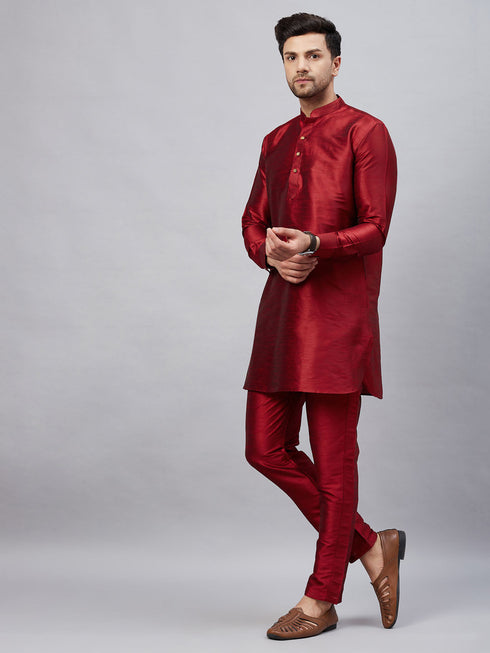 Vastramay Men's Maroon Silk Blend Curved Kurta Pant Set