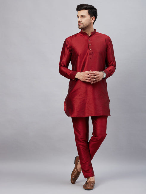 Vastramay Men's Maroon Silk Blend Curved Kurta Pant Set