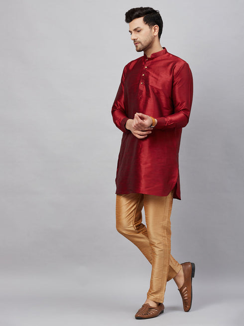 Vastramay Men's Maroon Silk Blend Curved Kurta Pant Set