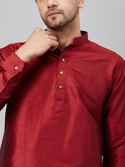 Vastramay Men's Maroon Silk Blend Curved Kurta Pant Set