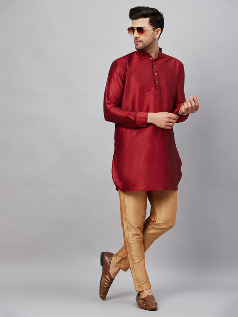 Vastramay Men's Maroon Silk Blend Curved Kurta Pant Set