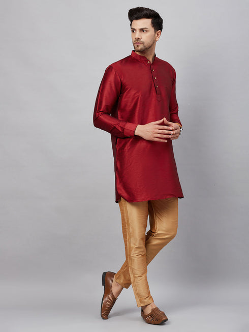 Vastramay Men's Maroon Silk Blend Curved Kurta Pant Set