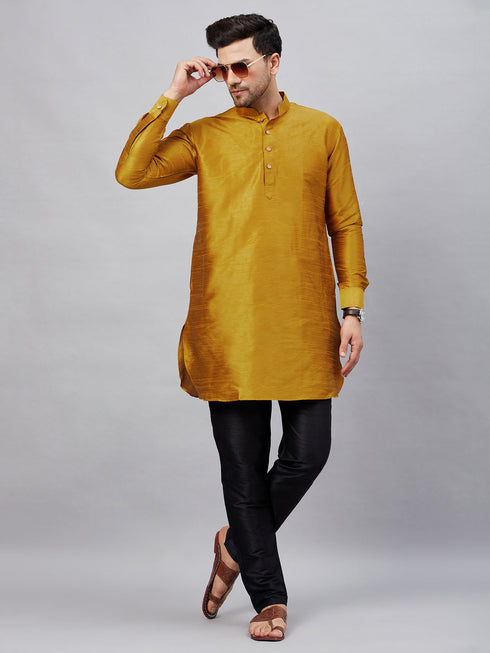 Vastramay Men's Mustard Silk Blend Curved Kurta Pant Set