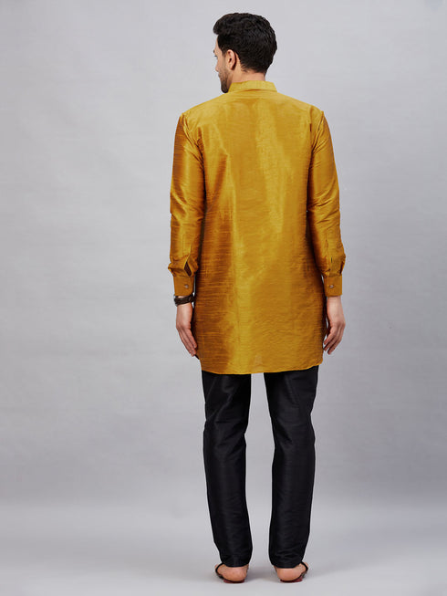 Vastramay Men's Mustard Silk Blend Curved Kurta Pant Set