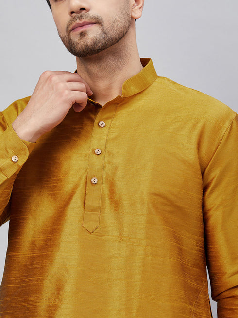 Vastramay Men's Mustard Silk Blend Curved Kurta Pant Set