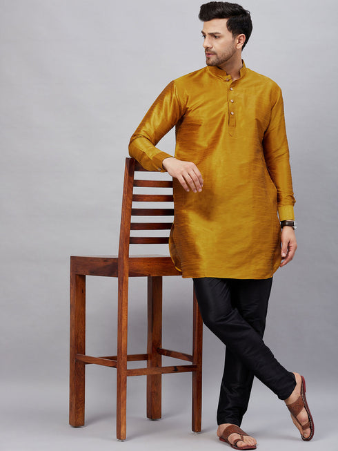 Vastramay Men's Mustard Silk Blend Curved Kurta Pant Set