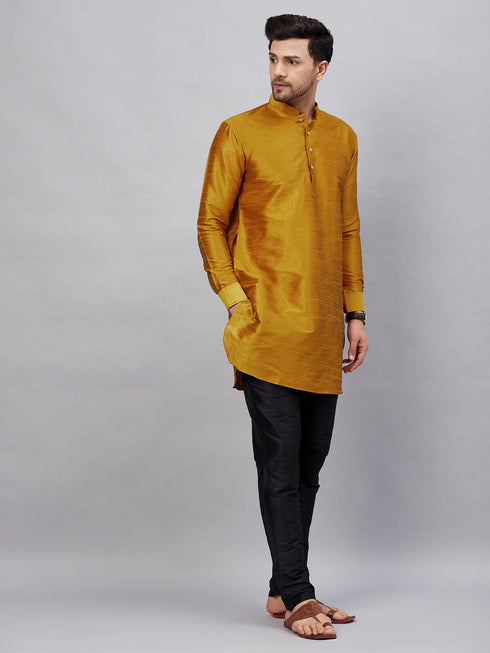 Vastramay Men's Mustard Silk Blend Curved Kurta Pant Set