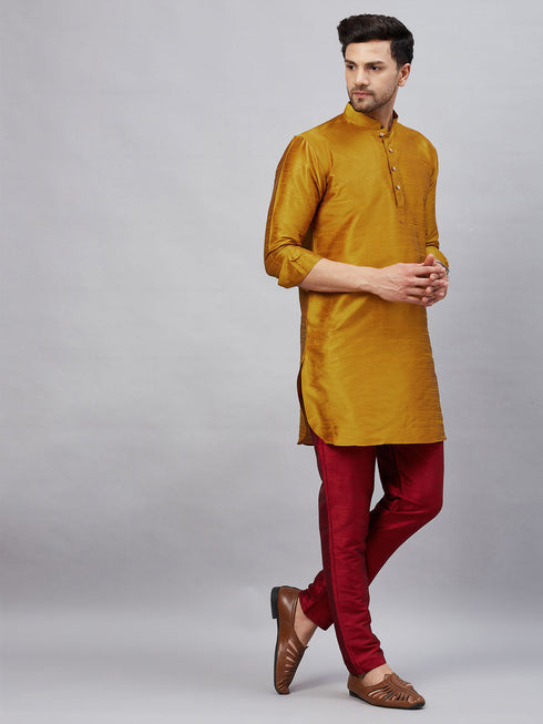 Vastramay Men's Mustard Silk Blend Curved Kurta Pant Set
