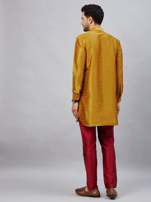 Vastramay Men's Mustard Silk Blend Curved Kurta Pant Set