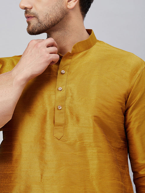 Vastramay Men's Mustard Silk Blend Curved Kurta Pant Set