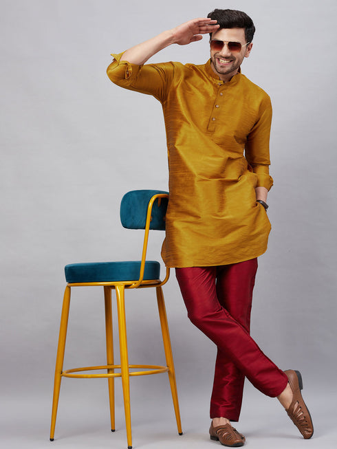 Vastramay Men's Mustard Silk Blend Curved Kurta Pant Set