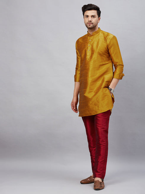 Vastramay Men's Mustard Silk Blend Curved Kurta Pant Set
