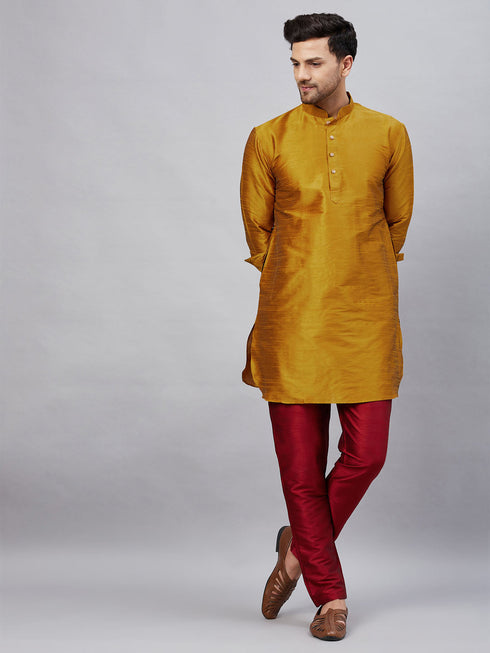 Vastramay Men's Mustard Silk Blend Curved Kurta Pant Set