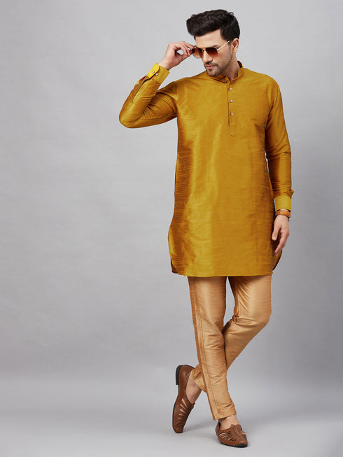 Vastramay Men's Mustard Silk Blend Curved Kurta Pant Set