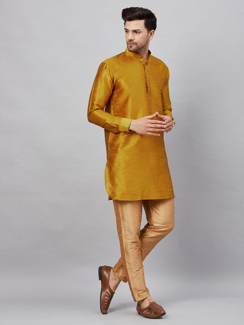 Vastramay Men's Mustard Silk Blend Curved Kurta Pant Set