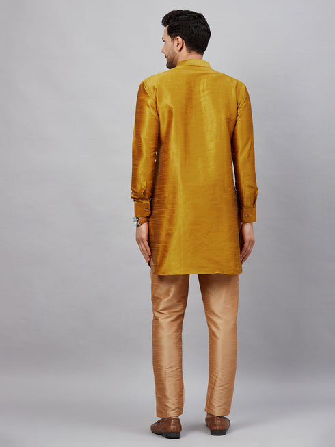 Vastramay Men's Mustard Silk Blend Curved Kurta Pant Set