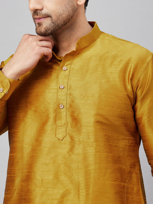 Vastramay Men's Mustard Silk Blend Curved Kurta Pant Set