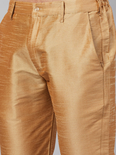 Vastramay Men's Mustard Silk Blend Curved Kurta Pant Set