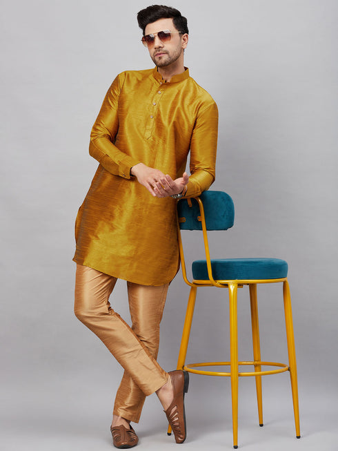 Vastramay Men's Mustard Silk Blend Curved Kurta Pant Set
