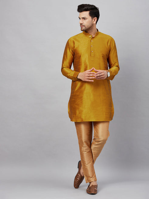 Vastramay Men's Mustard Silk Blend Curved Kurta Pant Set
