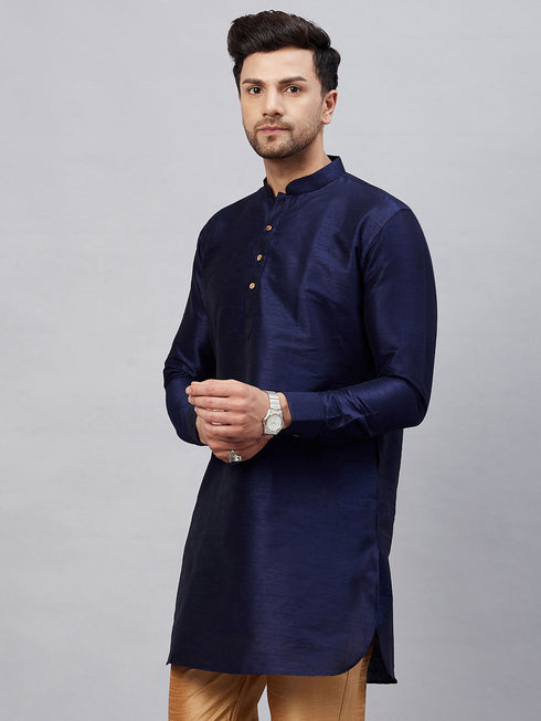 Vastramay Vastramay Men's Navy Blue Silk Blend Curved Kurta