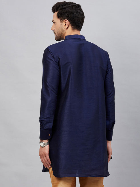 Vastramay Vastramay Men's Navy Blue Silk Blend Curved Kurta