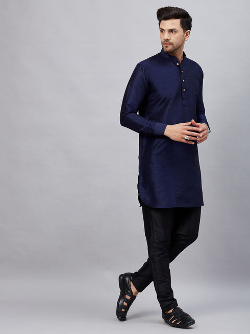 Vastramay Men's Navy Blue Silk Blend Curved Kurta Pant Set