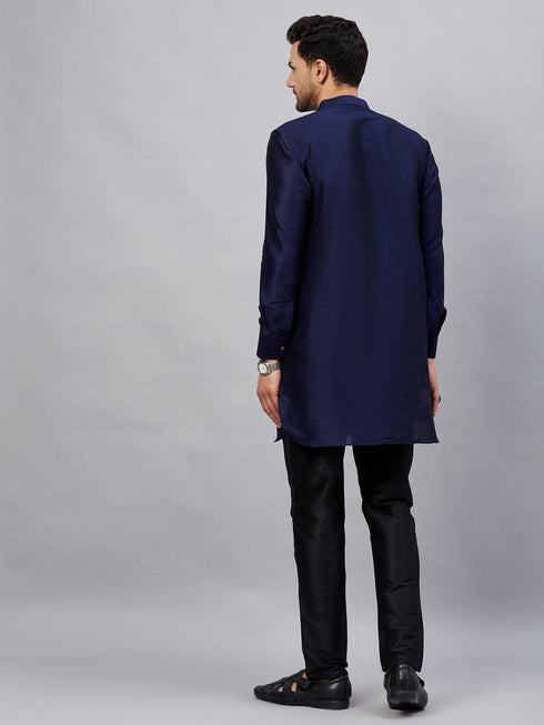 Vastramay Men's Navy Blue Silk Blend Curved Kurta Pant Set