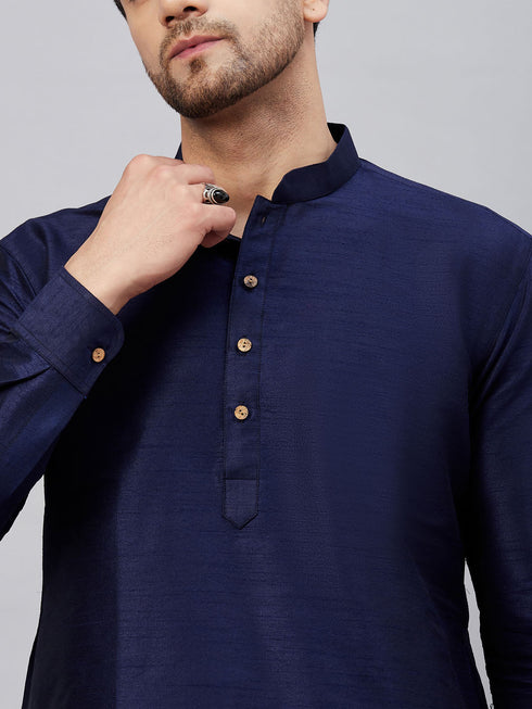 Vastramay Men's Navy Blue Silk Blend Curved Kurta Pant Set