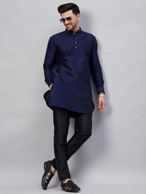 Vastramay Men's Navy Blue Silk Blend Curved Kurta Pant Set