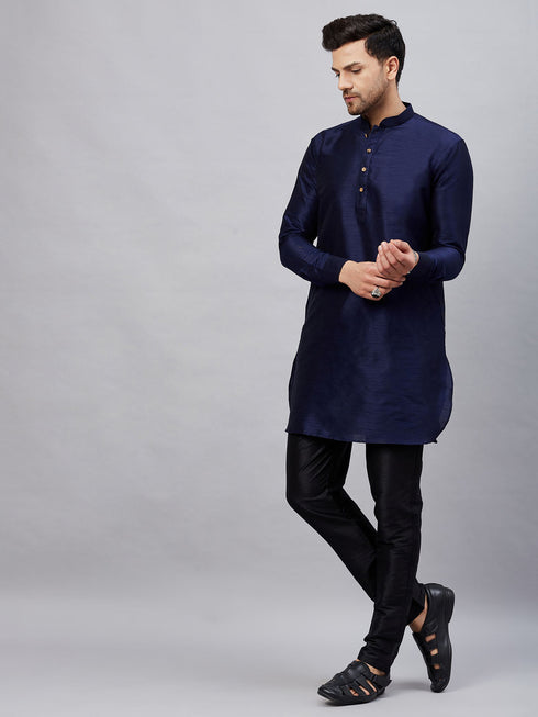 Vastramay Men's Navy Blue Silk Blend Curved Kurta Pant Set