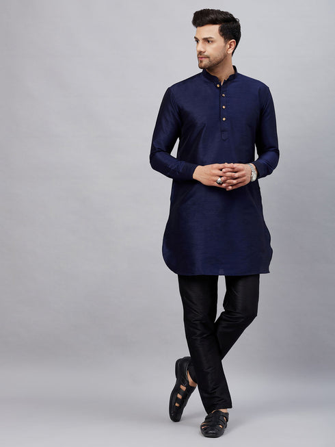 Vastramay Men's Navy Blue Silk Blend Curved Kurta Pant Set
