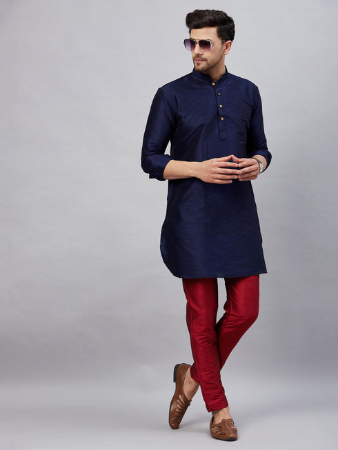 Vastramay Men's Navy Blue Silk Blend Curved Kurta Pant Set