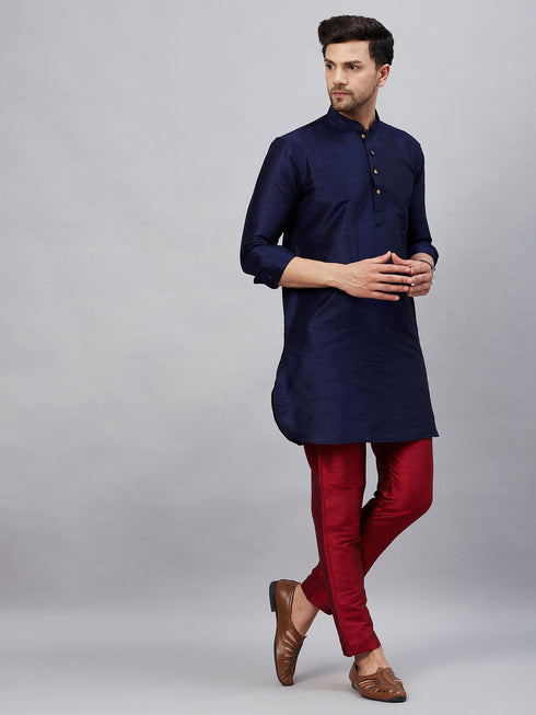 Vastramay Men's Navy Blue Silk Blend Curved Kurta Pant Set