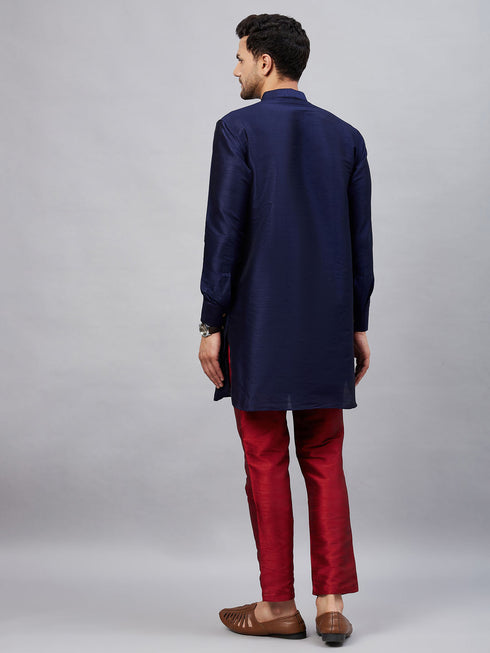 Vastramay Men's Navy Blue Silk Blend Curved Kurta Pant Set