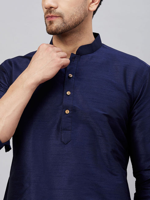 Vastramay Men's Navy Blue Silk Blend Curved Kurta Pant Set