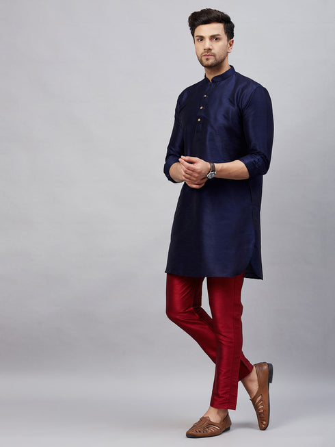 Vastramay Men's Navy Blue Silk Blend Curved Kurta Pant Set