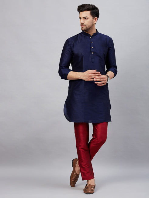 Vastramay Men's Navy Blue Silk Blend Curved Kurta Pant Set