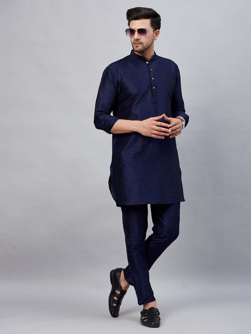 Vastramay Men's Navy Blue Silk Blend Curved Kurta Pant Set