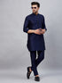 Vastramay Men's Navy Blue Silk Blend Curved Kurta Pant Set