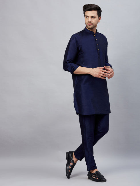 Vastramay Men's Navy Blue Silk Blend Curved Kurta Pant Set