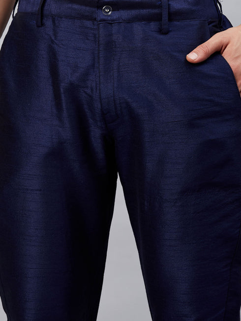 Vastramay Men's Navy Blue Silk Blend Curved Kurta Pant Set